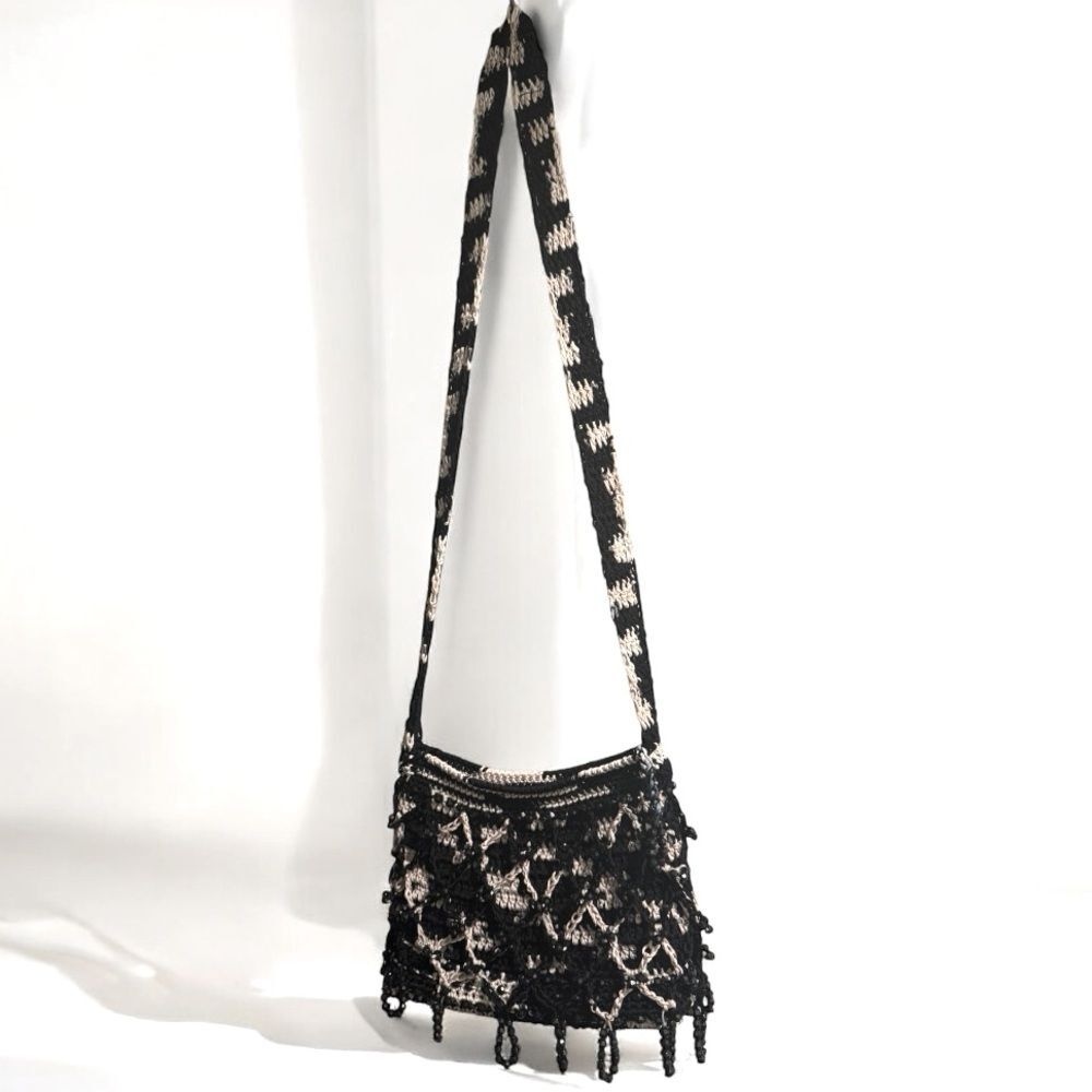 NWOT! Handmade Crochet Shoulder Bag – Black & Beige with Beaded Details